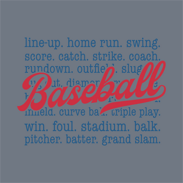 The InkMerge Baseball Word Play DTF Transfer – Ready to Press features baseball terms in blue on a blue background with a bold red cursive